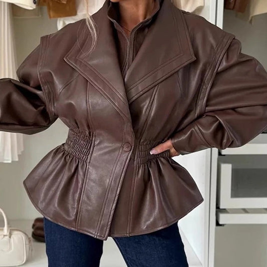 Schicke Kunstleder-Motorradjacke mit Reverskragen und elastischem Bund