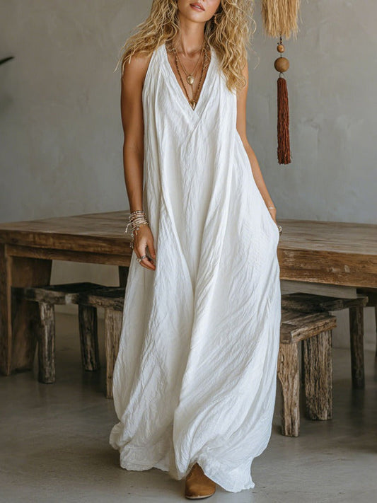 Fließendes Eleganz ärmelloses Maxi-Kleid mit V-Ausschnitt