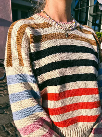 Bunt gestreifter Vintage-Strickpullover mit Rundhalsausschnitt