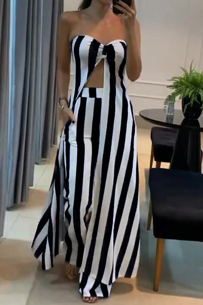 Gestreiftes Off-Shoulder-Oberteil und lockeres gerades Hosen-Set mit Taschen