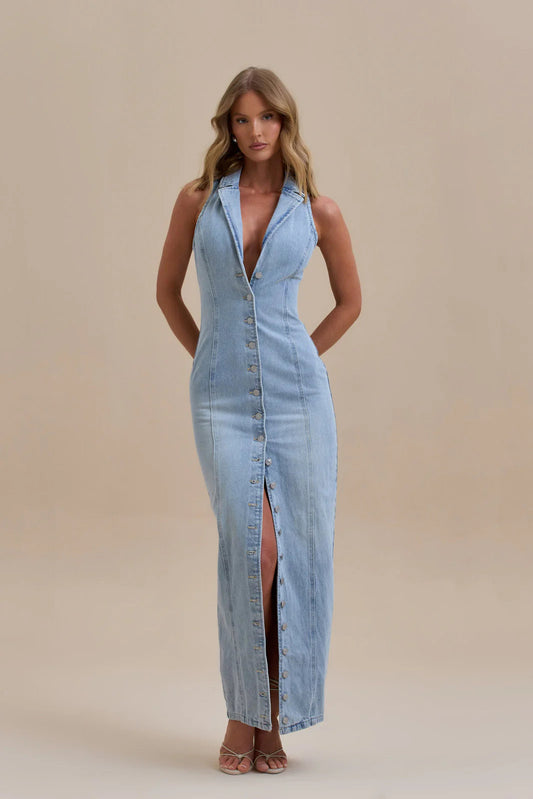 Damen Maxi Jeanskleid