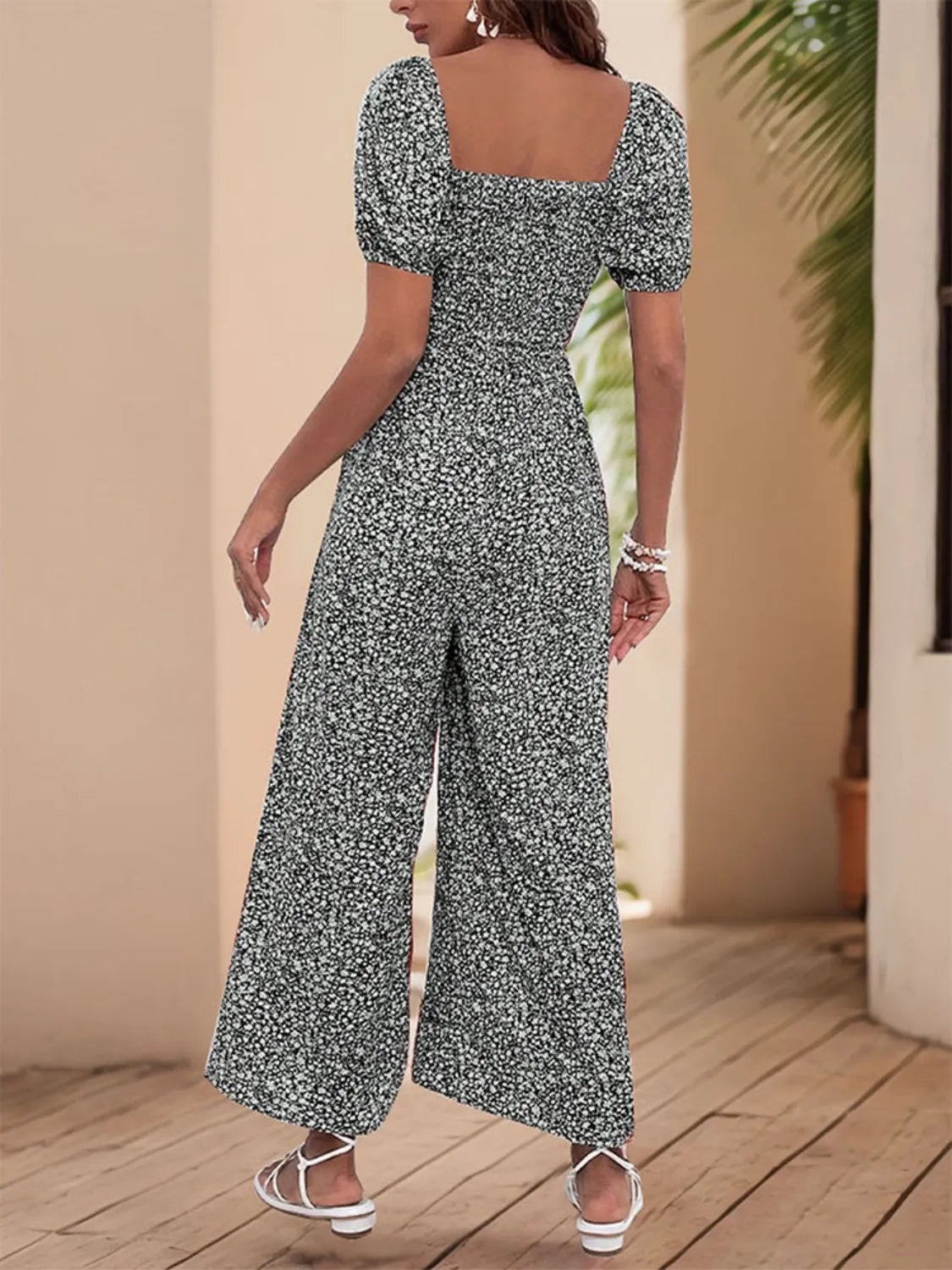 Damen Jumpsuit mit bedrucktem Karree-Ausschnitt und Puffärmeln