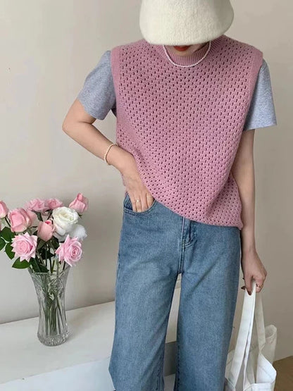 Damen Ärmelloser Gestrickter Pullover Leichtes Lockeres Oberteil