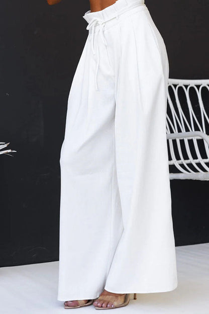 Leinenmischung Oberteil mit Schlitz vorne und weite Hose Set