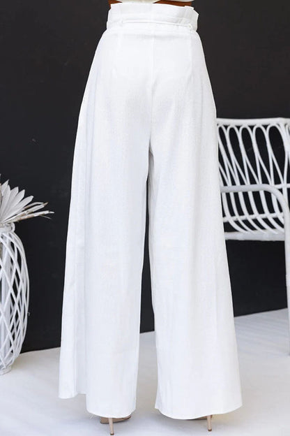 Leinenmischung Oberteil mit Schlitz vorne und weite Hose Set