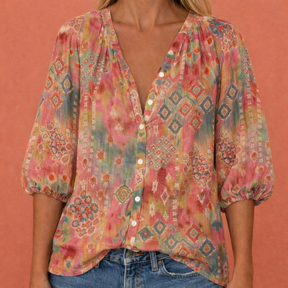 Damen V-Ausschnitt Bedruckte Bluse mit Knopfleiste