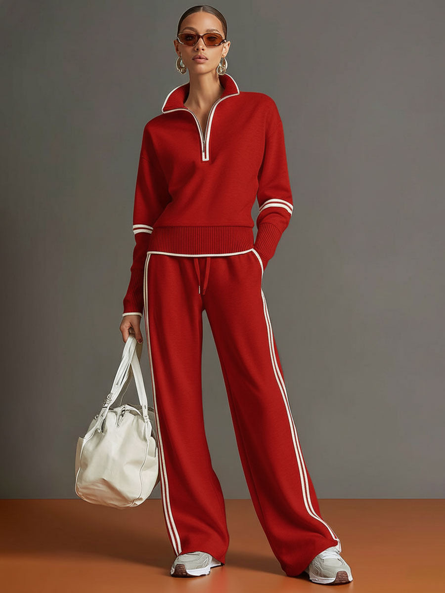 Pullover mit halbem Reißverschluss & Hose mit weitem Bein Set