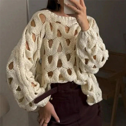 Damen Pullover mit langen Ärmeln und Häkelstrickmuster