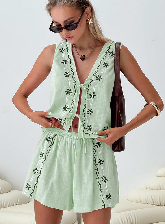Damen Zweiteiliges Sommer-Set mit Blumenstickerei