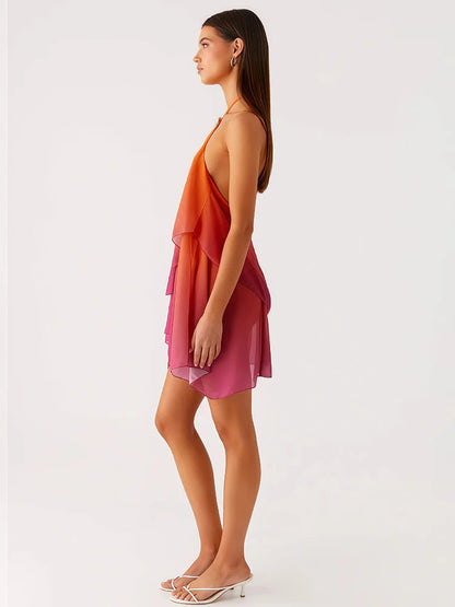 Rosa Farbverlauf Mini Kleid mit Rüschensaum