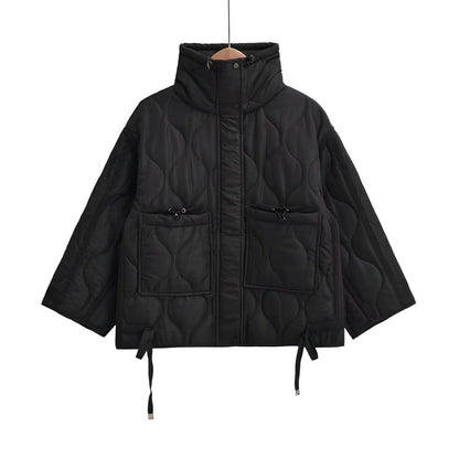 Damen-Baumwolljacke in Hüftlänge mit Stehkragen und Kordelzug