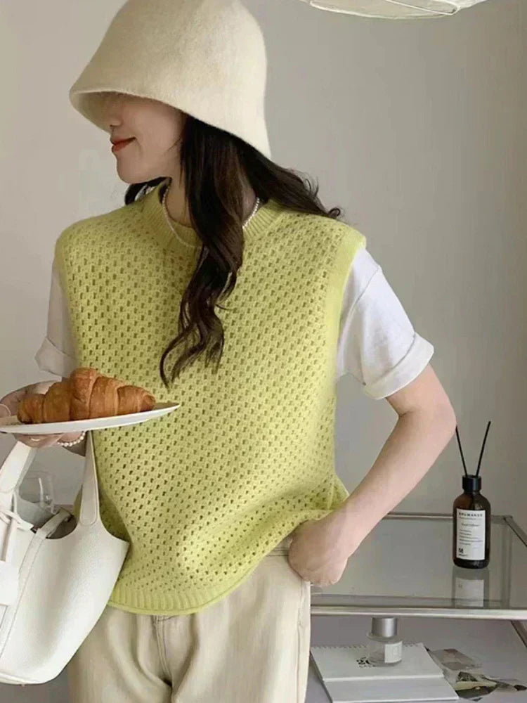 Damen Ärmelloser Gestrickter Pullover Leichtes Lockeres Oberteil