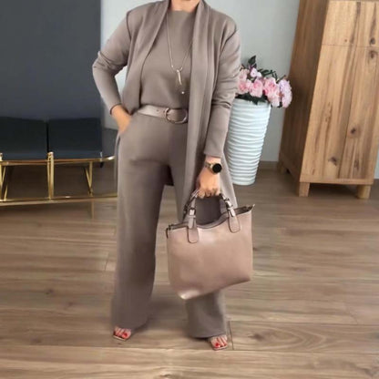 Schickes 3-teiliges Set aus langer Strickjacke, Top und Hose