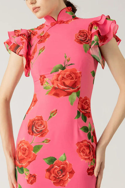 Floral Cheongsam Maxikleid mit eleganten ausgestellten Ärmeln