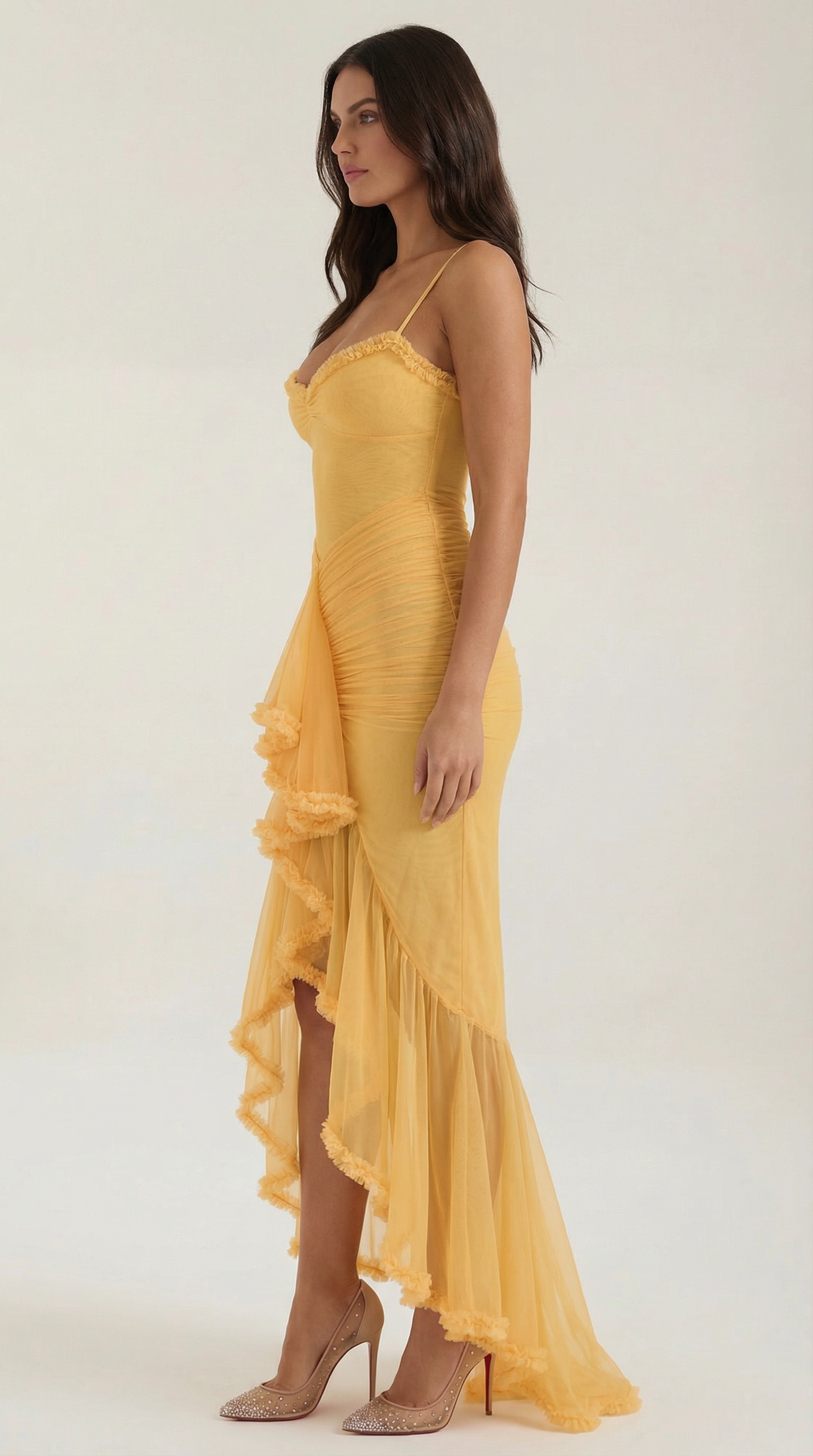 Damen Maxikleid mit Volants und asymmetrischem Saum