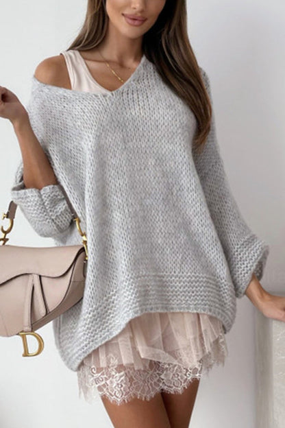Gemütlicher Weiter V-Ausschnitt Lässiger Grobstrickpullover