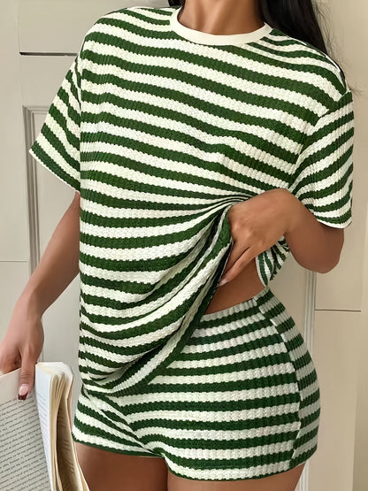 Gestreiftes T-Shirt mit Rundhalsausschnitt und Shorts Freizeitset