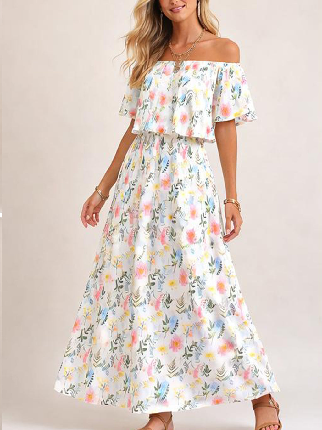 Damen Blumiges Schulterfreies Sommer-Maxikleid