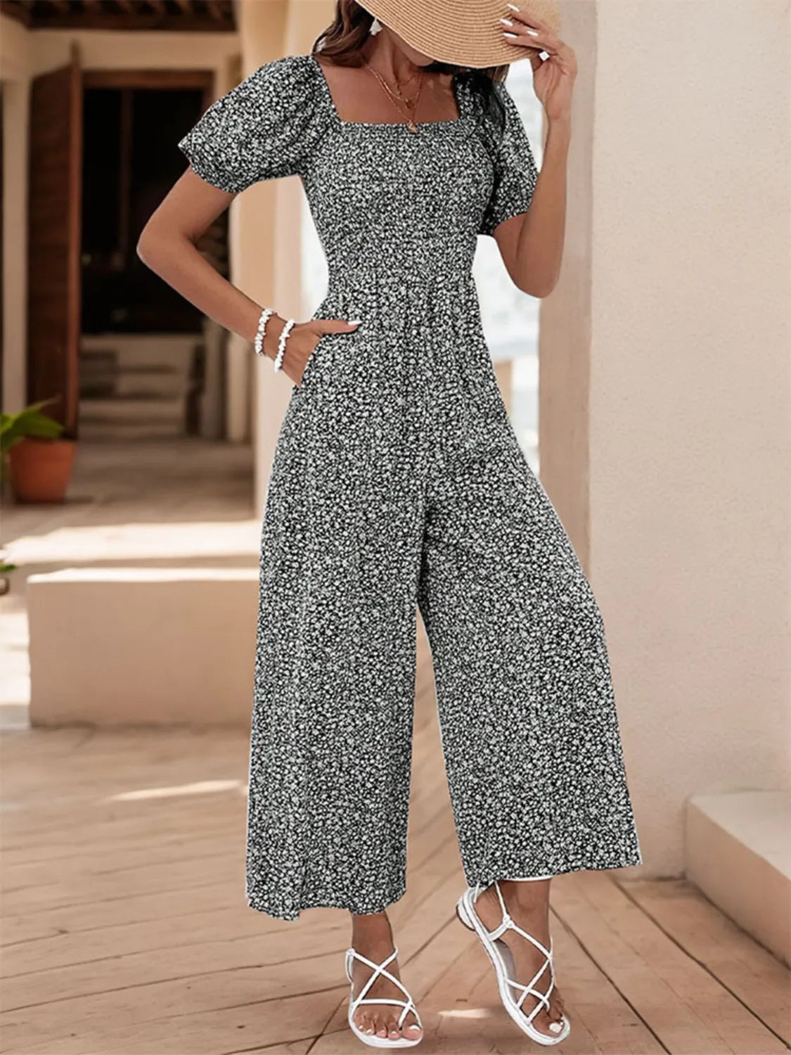 Damen Jumpsuit mit bedrucktem Karree-Ausschnitt und Puffärmeln