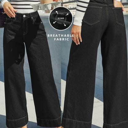Hochtaillierte, weit geschnittene Stretch-Jeans mit Umschlag am Saum