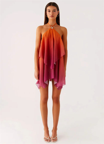 Rosa Farbverlauf Mini Kleid mit Rüschensaum