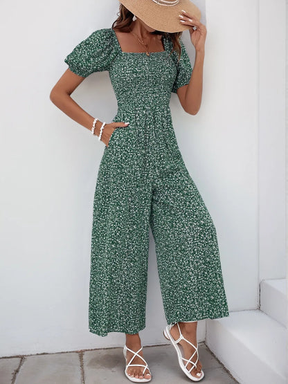 Damen Jumpsuit mit bedrucktem Karree-Ausschnitt und Puffärmeln