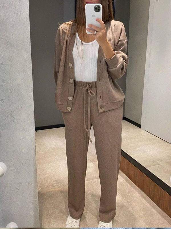 Gemütliches legeres V-Ausschnitt Pullover- und Hosen-Set