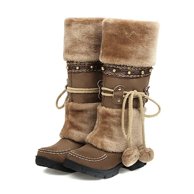Boho Chic Kunstwildleder knielange Winterstiefel