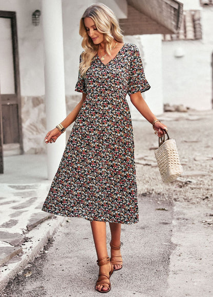Damen Midi-Kleid mit Blumenmuster und bequemer Passform