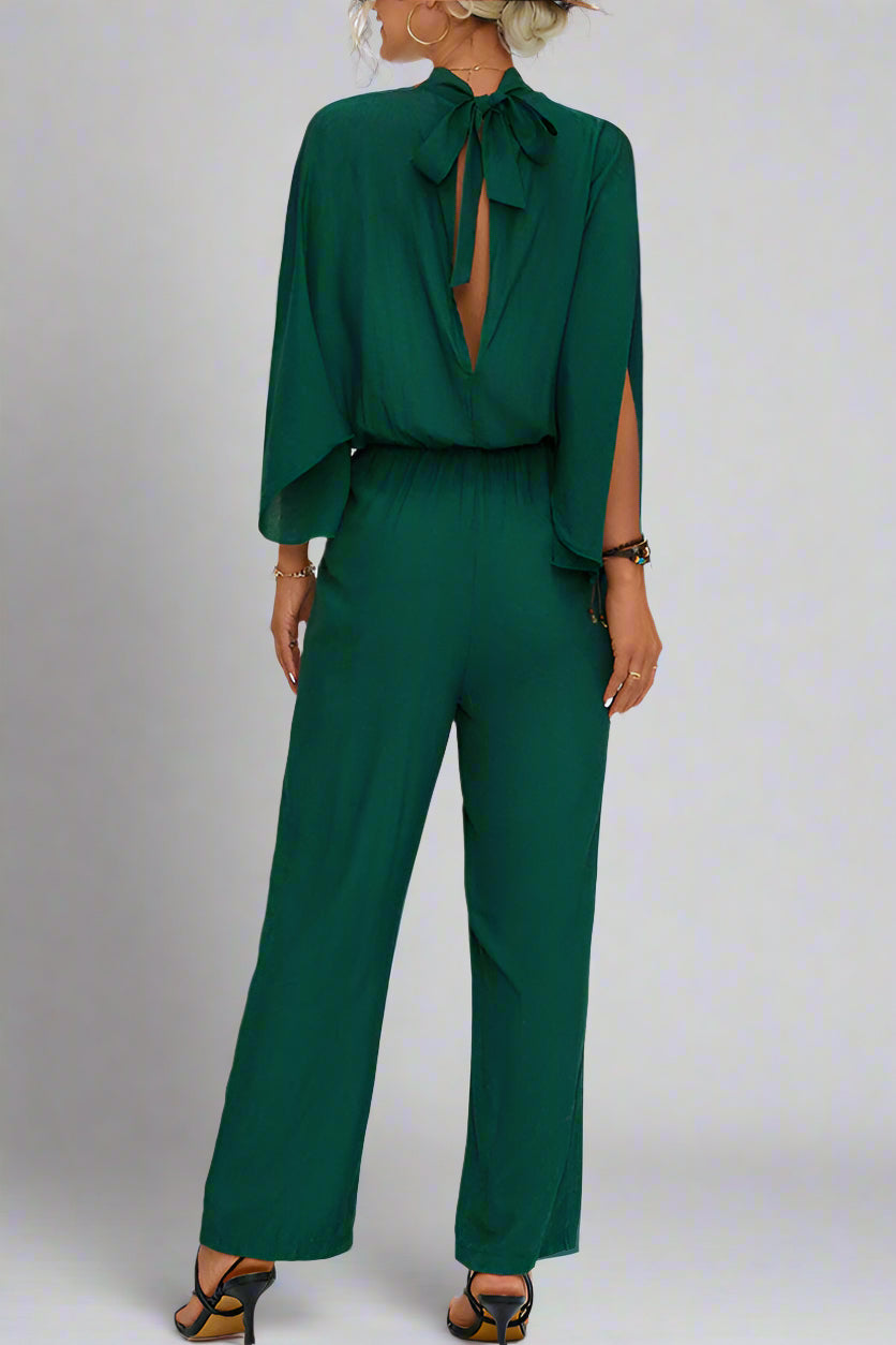 Damen Einfarbiger Jumpsuit mit Schnürung, Rückenschlitz und Langarm
