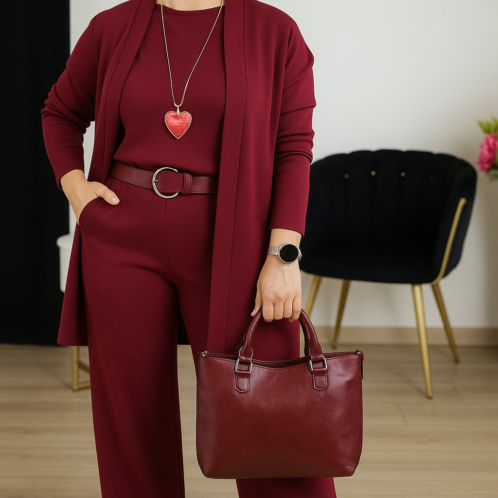 Schickes 3-teiliges Set aus langer Strickjacke, Top und Hose