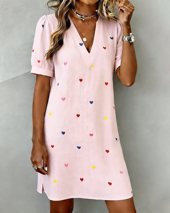 Buntes Herzmuster V-Ausschnitt Kleid