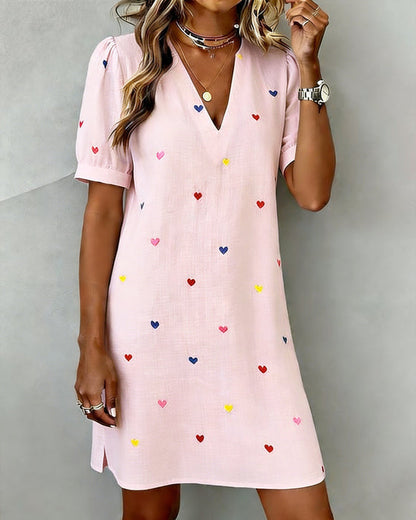 Buntes Herzmuster V-Ausschnitt Kleid