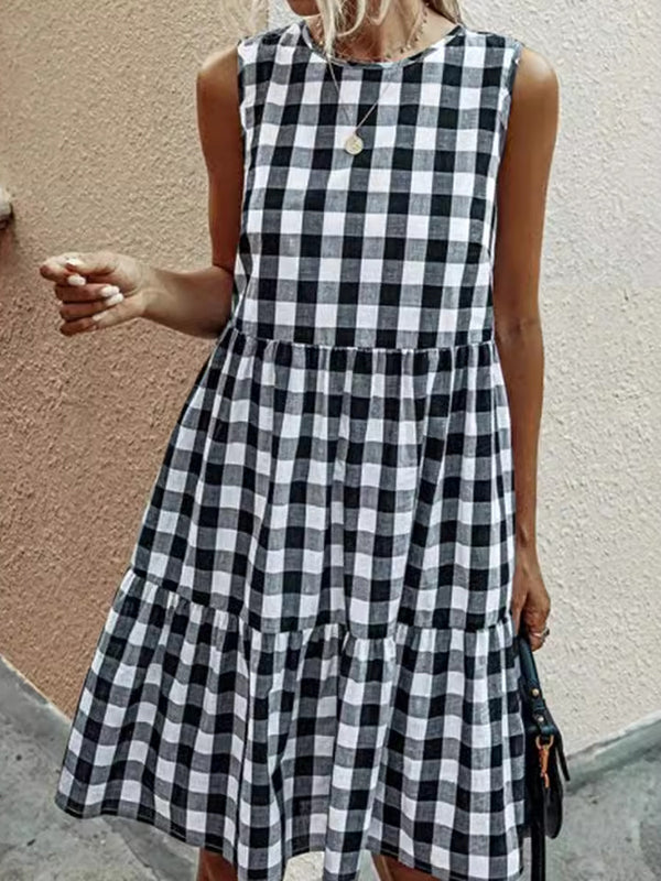Müheloses ärmelloses Mini-Kleid mit Karomuster und plissierten Details