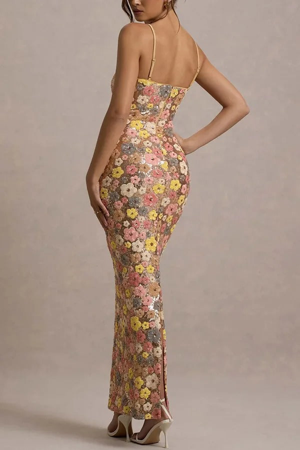 80er Blumen Pailletten Quadrat Ausschnitt Stretch Maxi Kleid