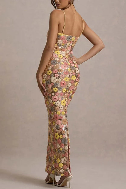 80er Blumen Pailletten Quadrat Ausschnitt Stretch Maxi Kleid