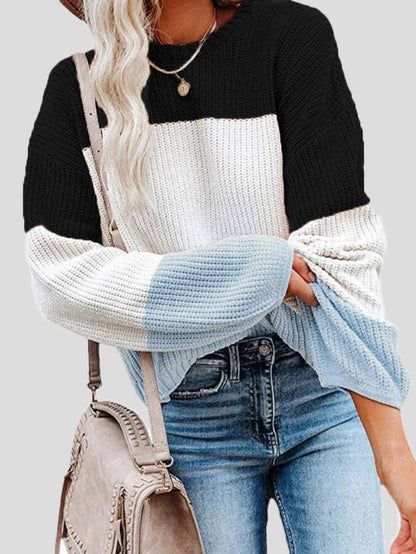 Gemütlicher Strickpullover mit Farbblock-Design für den Herbst-Layering