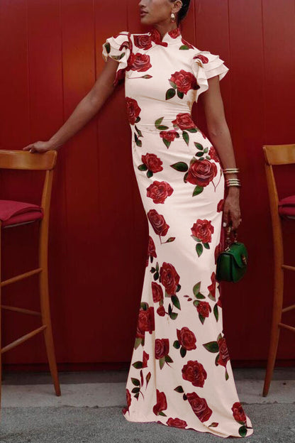 Floral Cheongsam Maxikleid mit eleganten ausgestellten Ärmeln