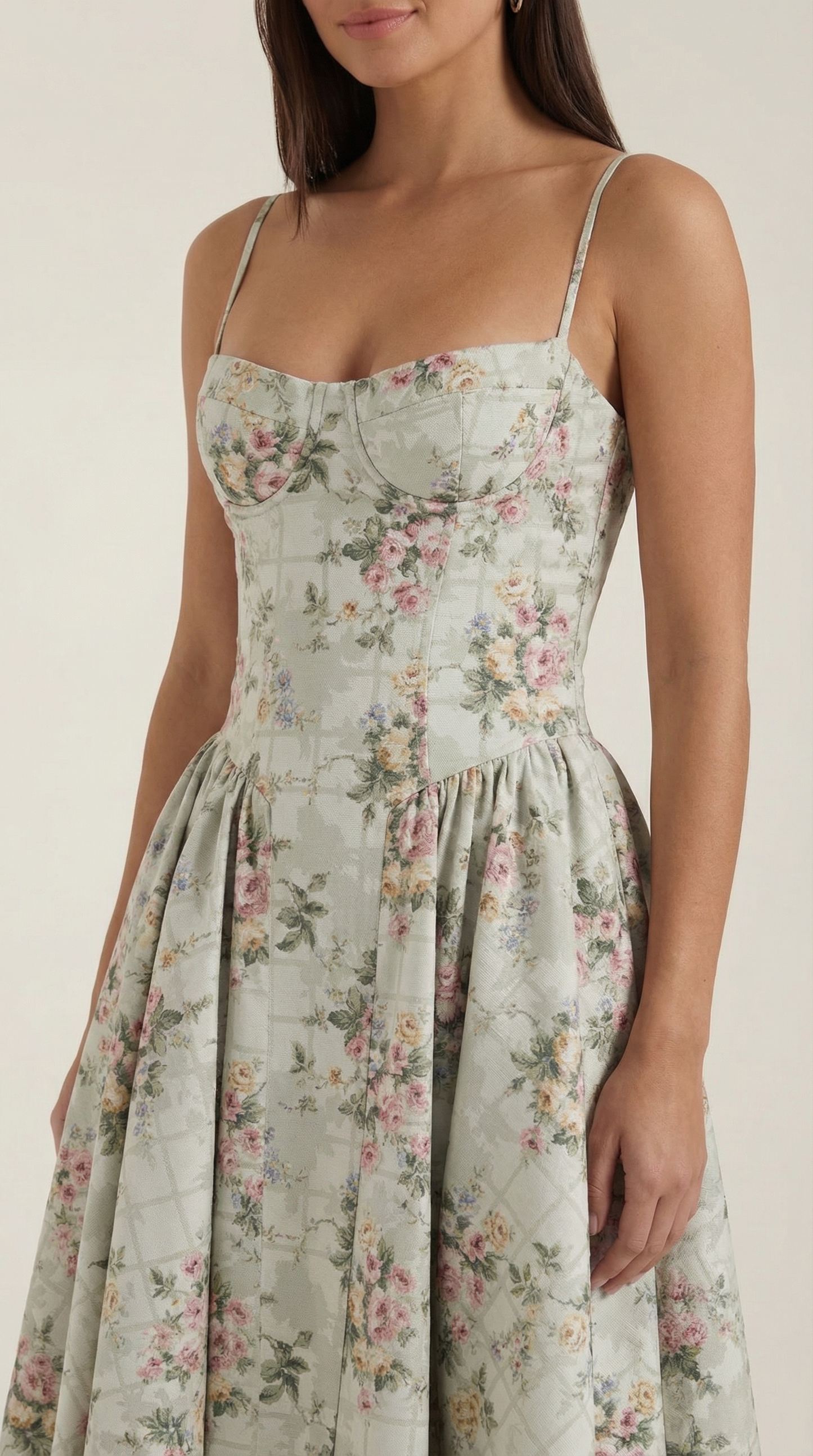 Damen Midikleid mit Blumenmuster und Korsett sowie herzförmigem Ausschnitt