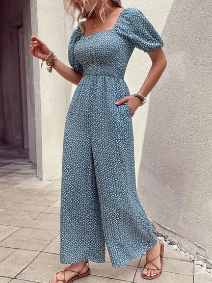 Damen Jumpsuit mit bedrucktem Karree-Ausschnitt und Puffärmeln