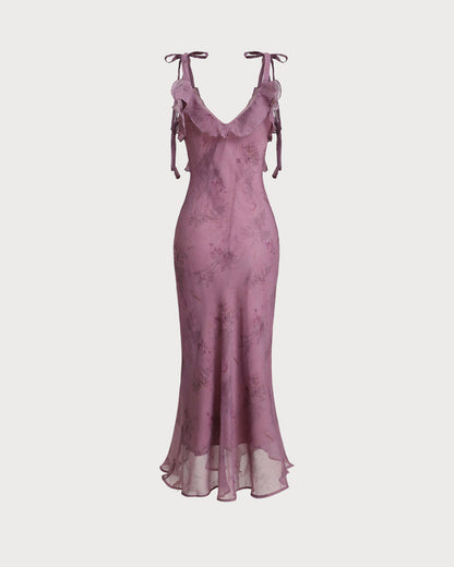 Lila Midikleid mit Blumenmuster, Rüschen und Bindeträgern