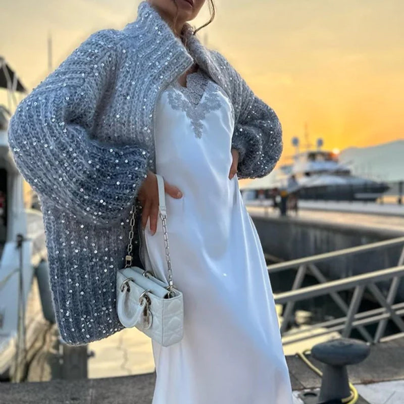 Gestrickter Strickjacke mit Glitzer-Pailletten