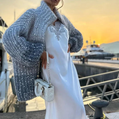 Gestrickter Strickjacke mit Glitzer-Pailletten