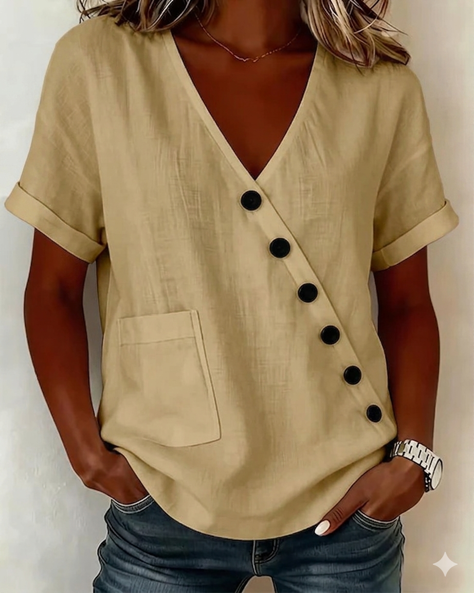 Baumwollbluse mit V-Ausschnitt und diagonaler Knopfleiste