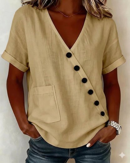 Baumwollbluse mit V-Ausschnitt und diagonaler Knopfleiste