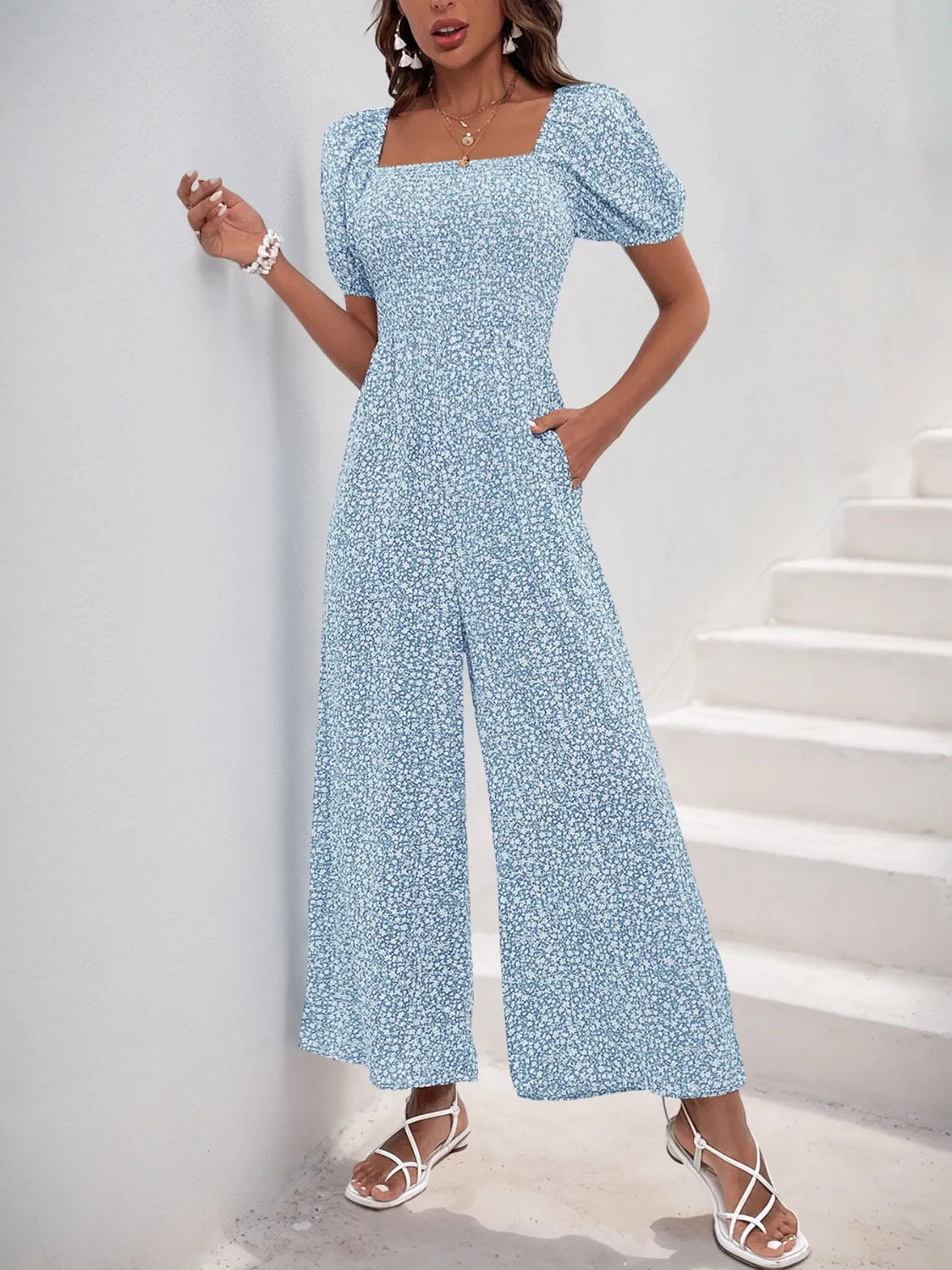 Damen Jumpsuit mit bedrucktem Karree-Ausschnitt und Puffärmeln
