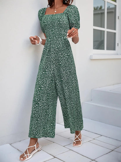 Damen Jumpsuit mit bedrucktem Karree-Ausschnitt und Puffärmeln