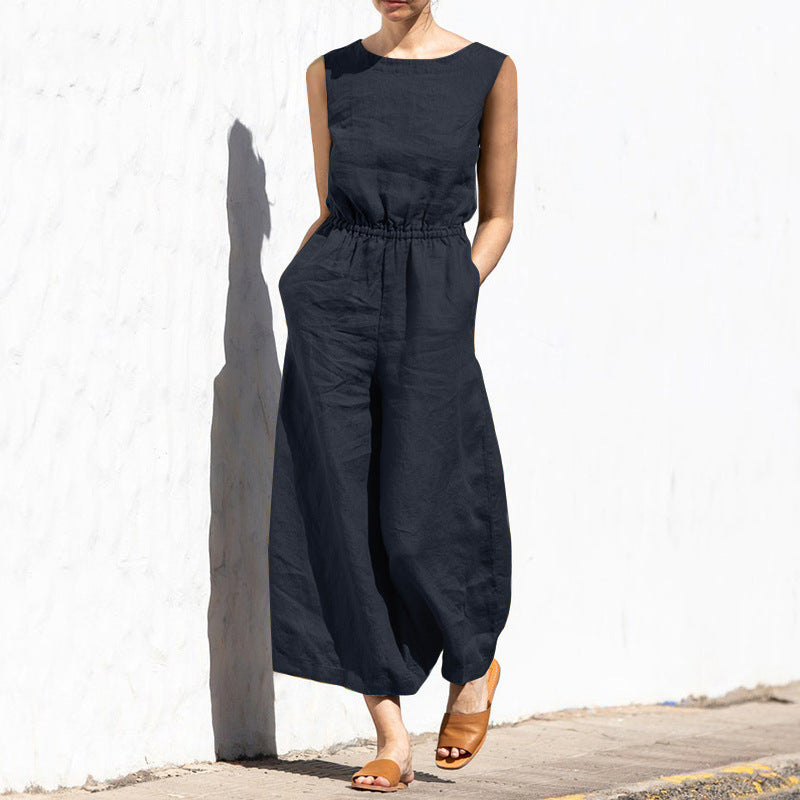 Ärmelloser Jumpsuit mit weitem Bein und hoher Taille