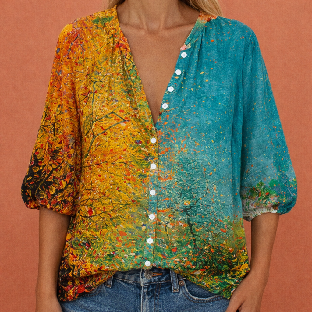 Damen V-Ausschnitt Bedruckte Bluse mit Knopfleiste