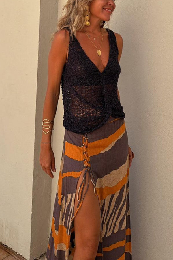 Boho Gestricktes V-Ausschnitt Hohl Lockeres Tanktop